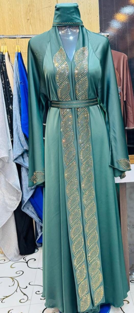 Sage Green Gold Embroidered Open Abaya with Hijab