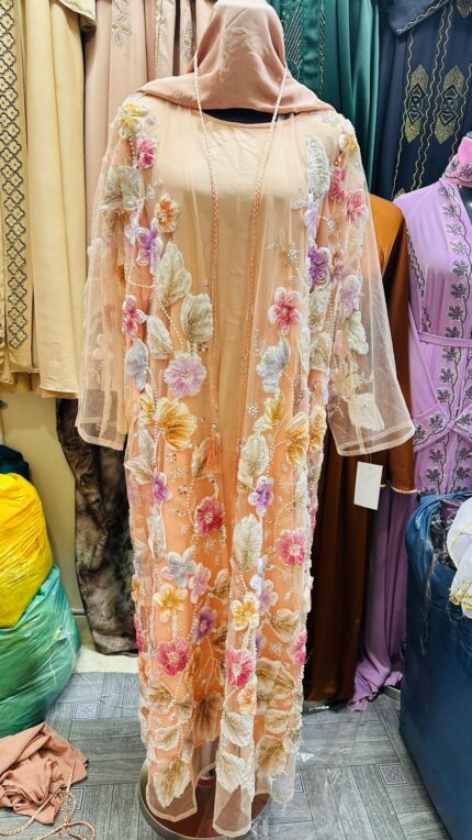 Royal Violet Fancy Luxury Sequin Floral Open Abaya with Hijab