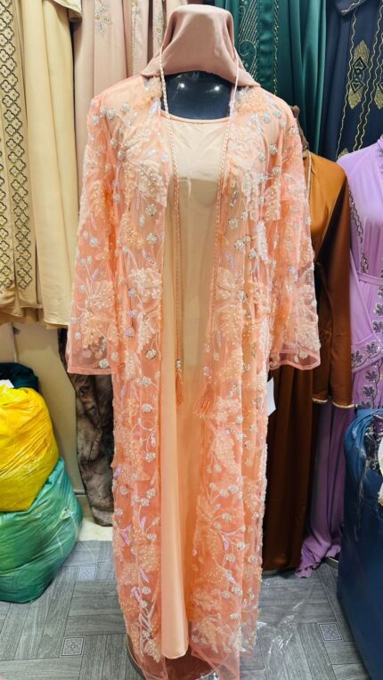 Peach Blush Fancy Luxury Crystal Leaf Open Abaya with Hijab