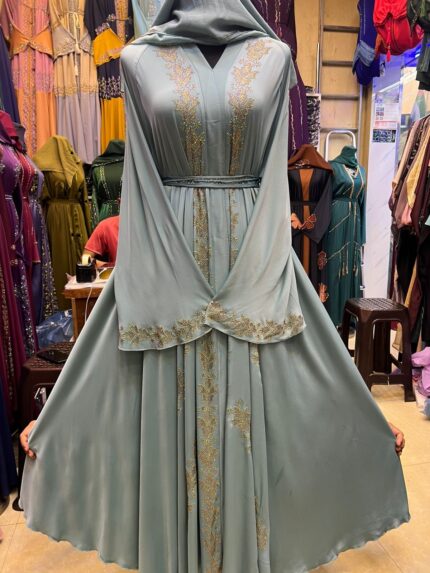 Dusty Sage Gold Embroidered Peplum Open Abaya with Hijab