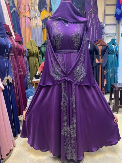 Royal Purple Satin Silver Stone Layered Open Abaya with Hijab