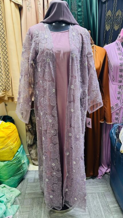 Candy Pink Fancy Luxury Pearl Embroidered Open Abaya with Hijab