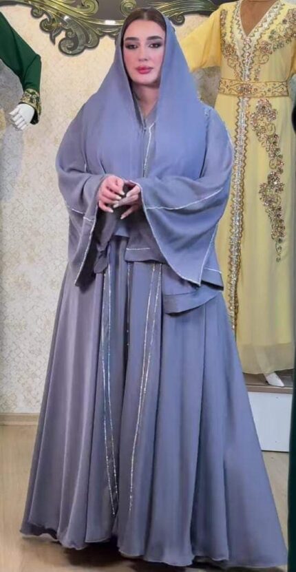 Silver Grey Chiffon Stone Line Open Abaya with Hijab