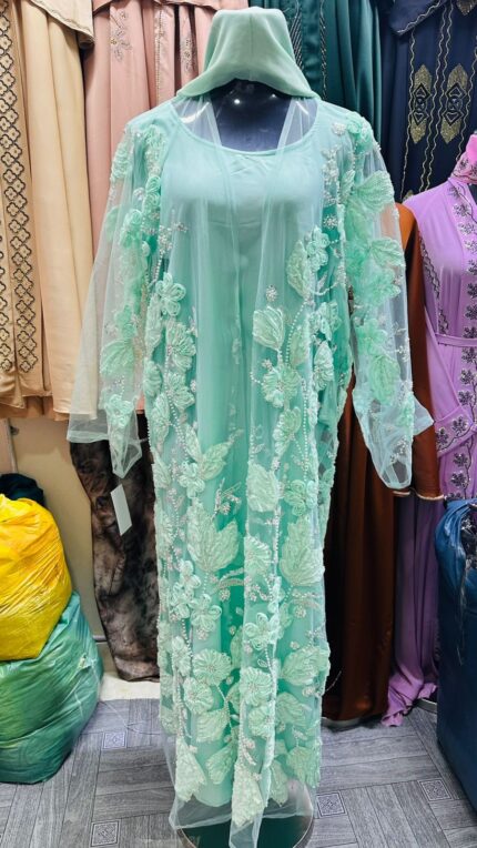Soft Lavender Fancy Luxury Pearl Floral Open Abaya with Hijab