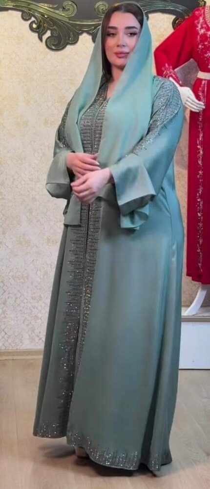Mint Sage Silver Stone Center Panel Open Abaya with Hijab