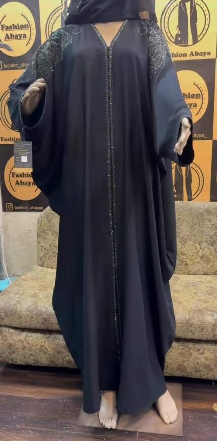 Classic Black Shoulder Stone Open Abaya with Hijab