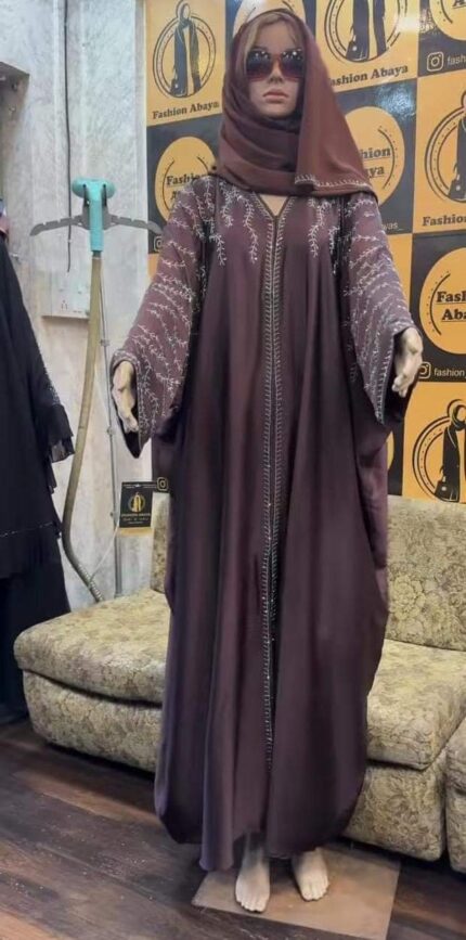 Cocoa Brown Silver Leaf Stone Open Abaya with Hijab