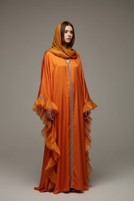 Luxury Burnt Orange Ruffle Sleeve Abaya