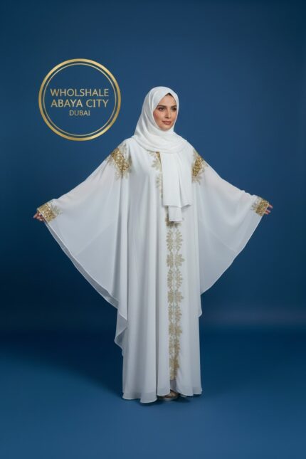 White & Gold Embroidered Butterfly Abaya