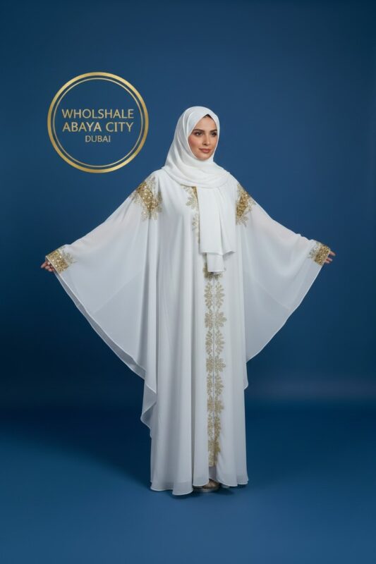 White & Gold Embroidered Butterfly Abaya