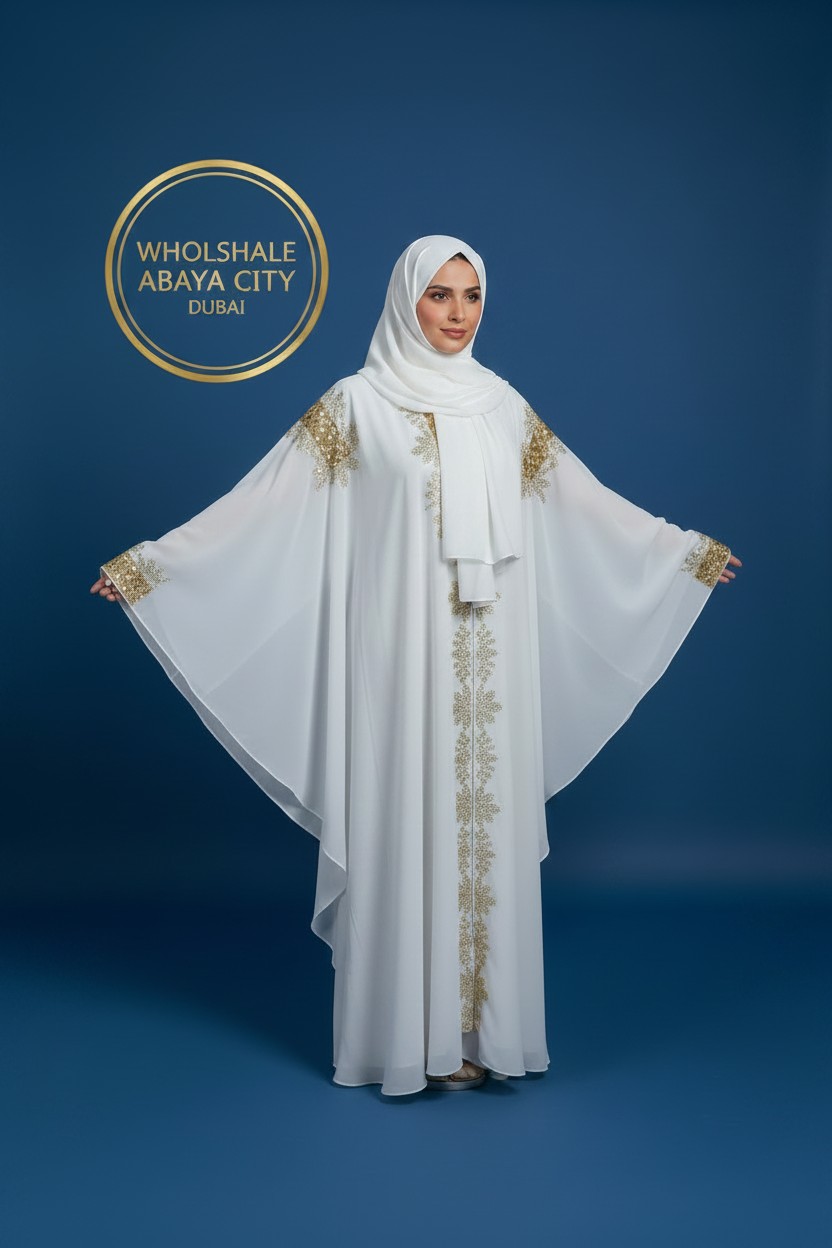 AI Fashion Models-25106072-4a14-42dd-a2ff-66c60b2b1ff6 White & Gold Embroidered Butterfly Abaya