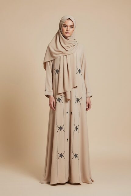 Elegant Rhinestone Beige Abaya