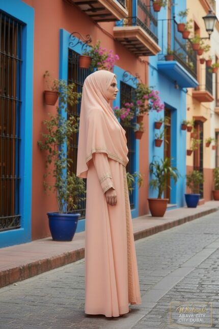 Peach Lace Detail Abaya