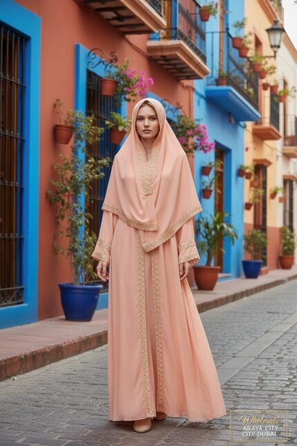 Peach Lace Detail Abaya