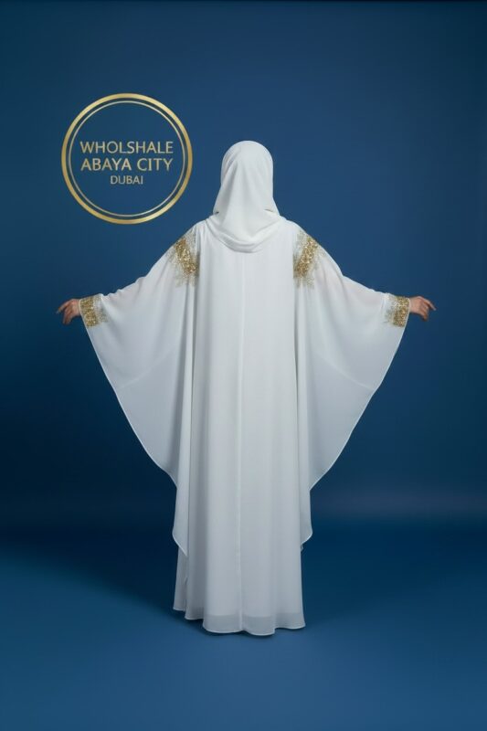 White & Gold Embroidered Butterfly Abaya