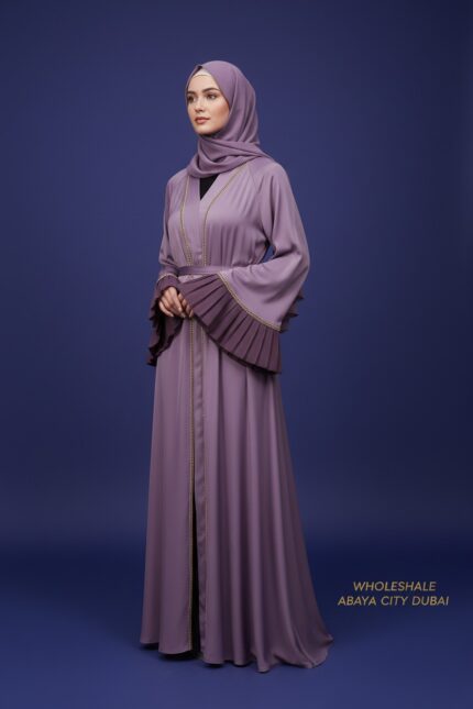 Luxury Mauve Purple Pleated Sleeve Abaya